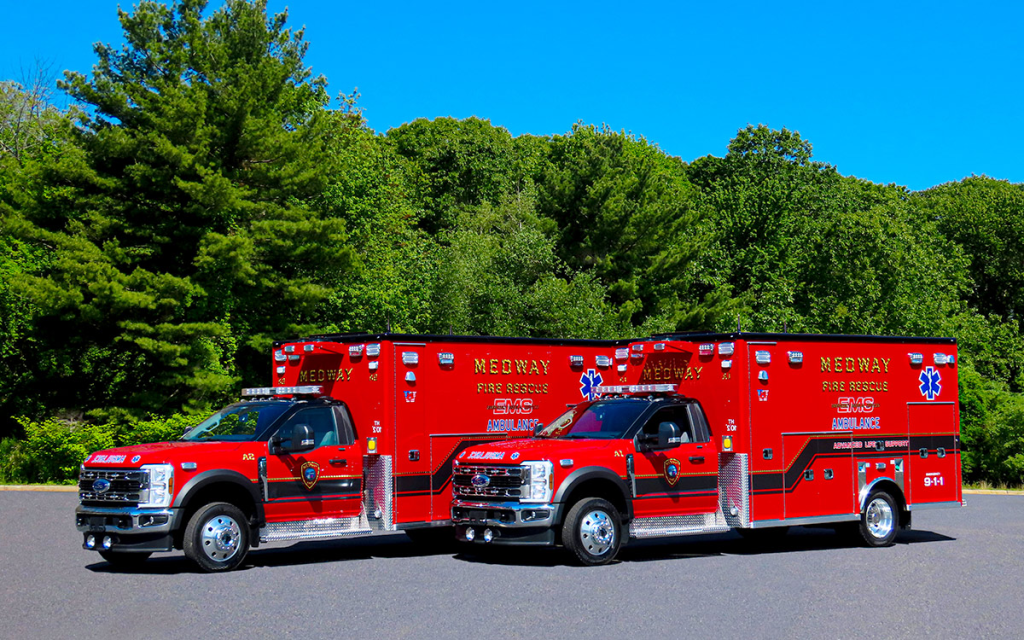 The Town of Medway Fire Department received their two new rescue vehicles! Both are Life Line Emergency Vehicles "Superliners" - 2025 Ford F550 4x4.