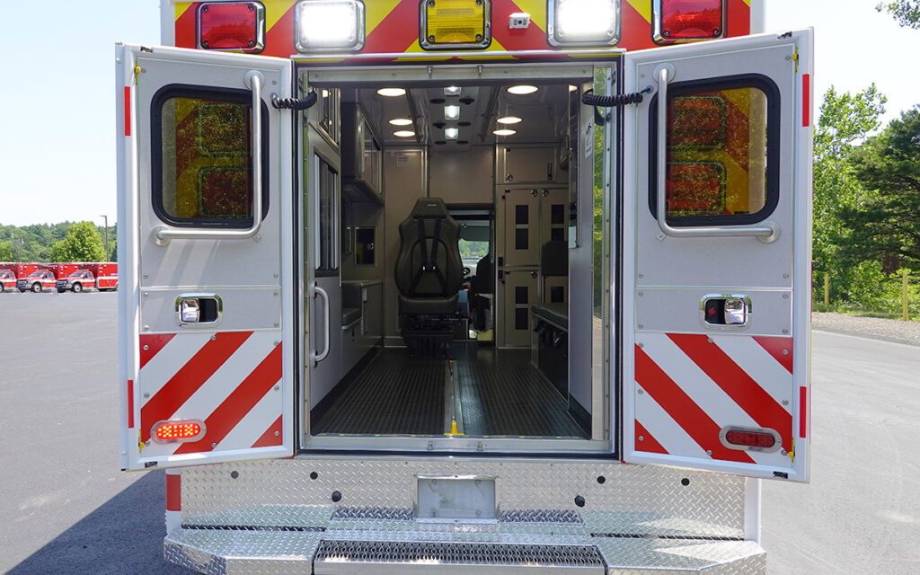 At the back end with the doors open to the patient care area.