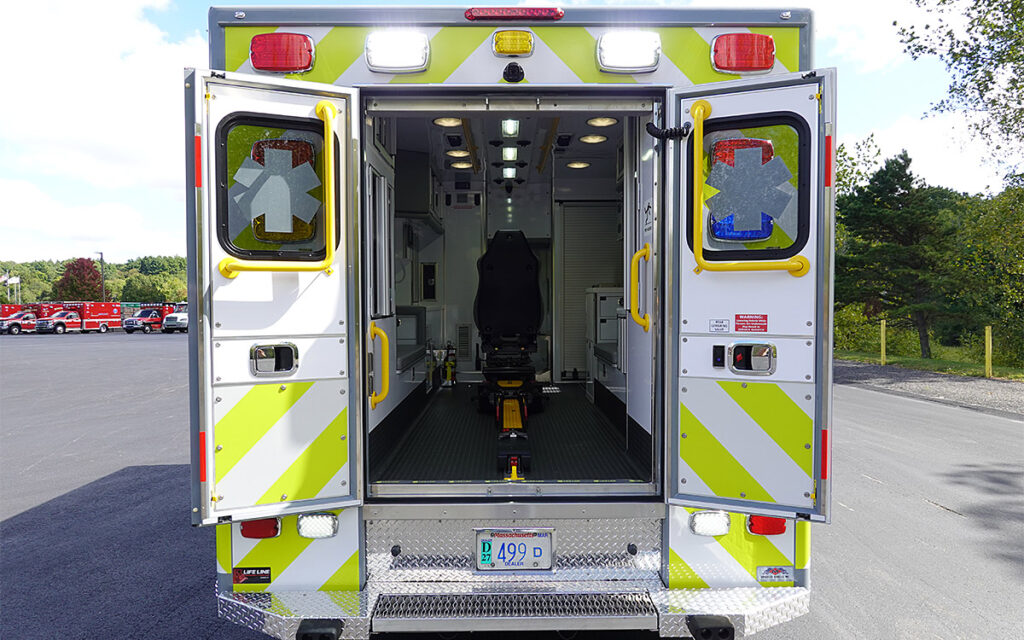 The back doors are open to the patient care area.